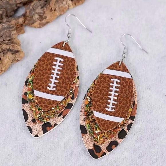 🏈 New! Layered Leopard Glitter PU Leather Football Dangle Earrings - Picture 3 of 7